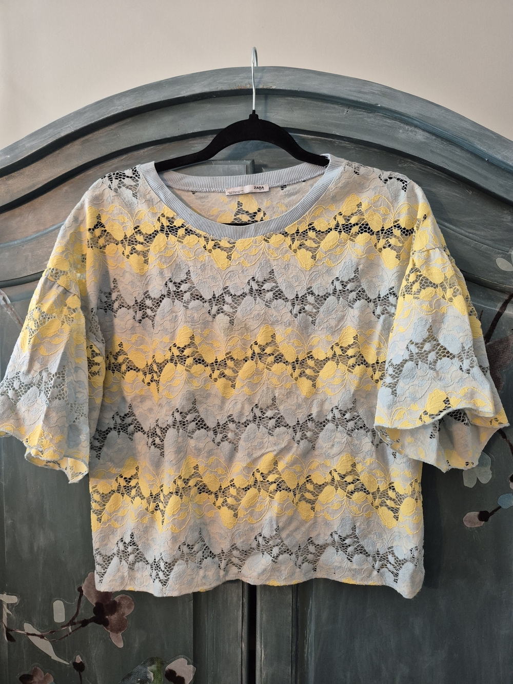 Zara Yellow & Light Blue Lace Short Sleeve Top - Scalloped Design
